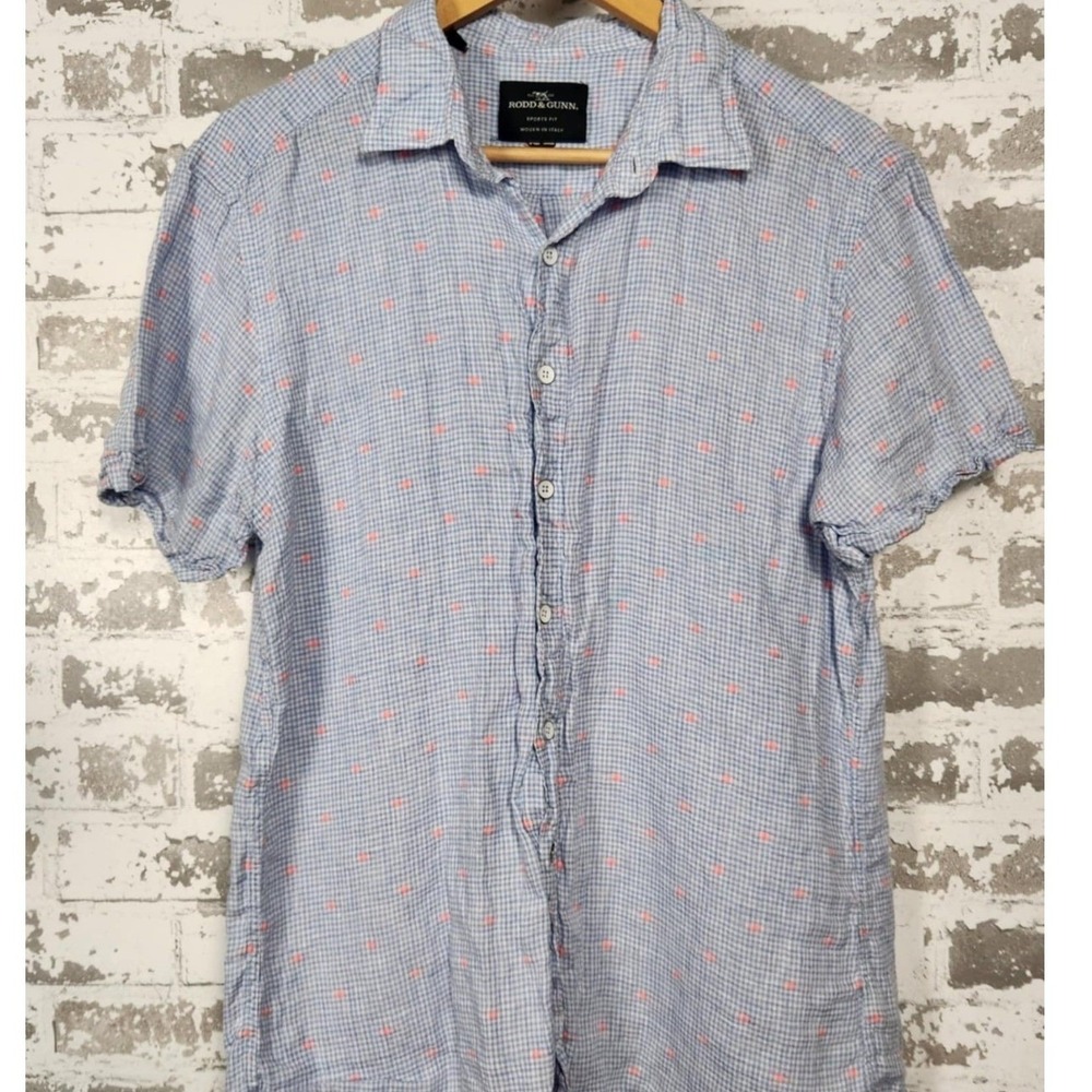 Rodd & Gunn Albini Linen Shirt Men's‎ Large Blue White Pink Check Italian Costal